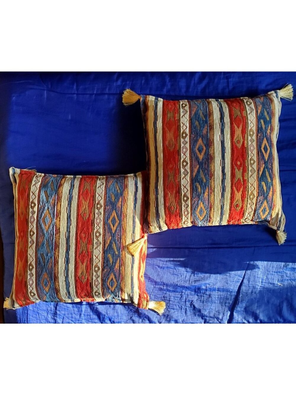 2 VTG NOS Boho Tribal Southwestern Velour Throw Pillow Zip Tassel Belize Aztec